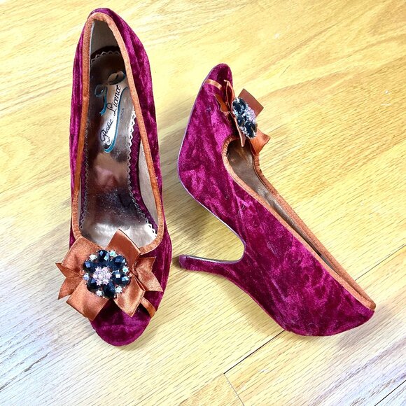Poetic Licence Heels Velvet Peep Toe Bows with Jewels Magenta and Orange (8) - Picture 1 of 8